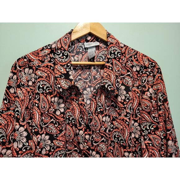Catherines Black Pink Paisley 3/4 Sleeve Button Up V Neck Blouse Sz 2X - Picture 2 of 3